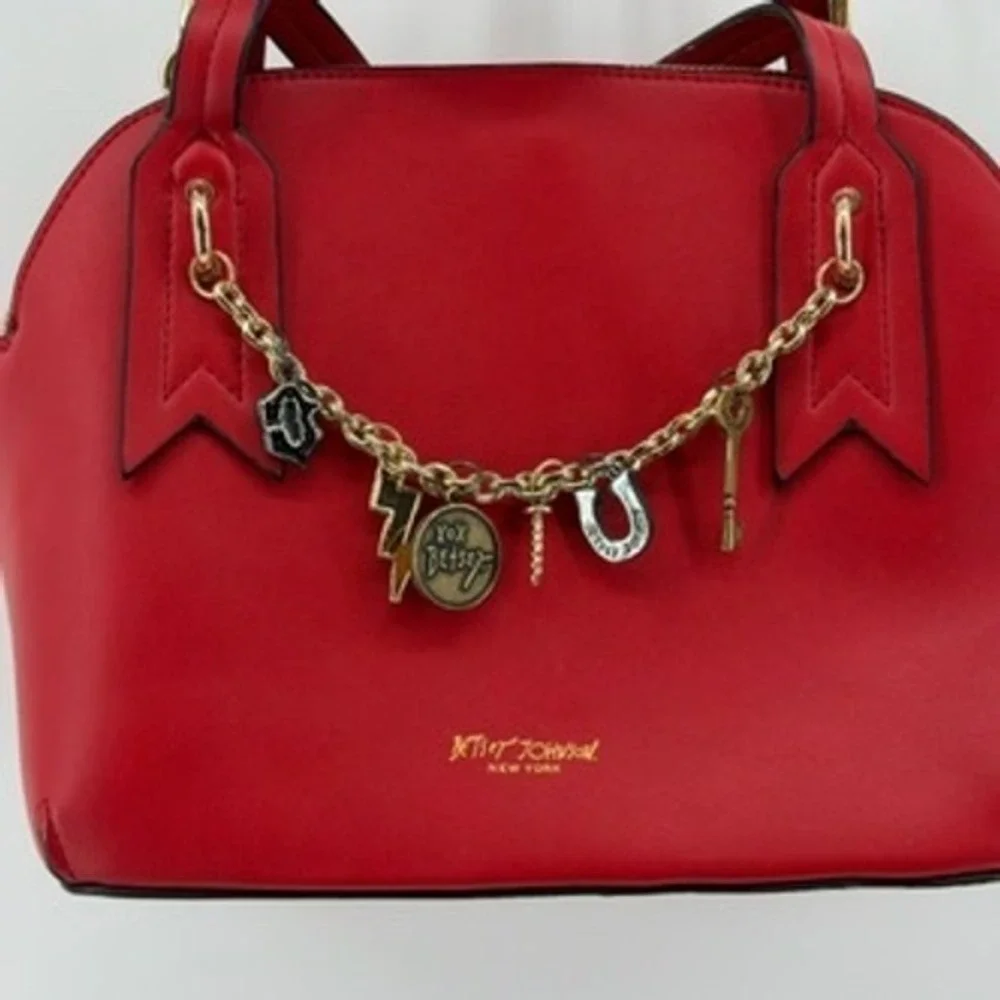 Betsey Johnson Red Satchel Bag with Charms‎ Top Handle Crossbody Gold Hardware